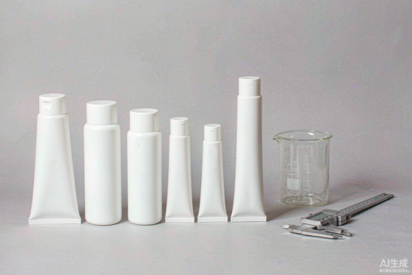 Blank toothpaste tubes and measuring beakers in clean studio light on a light grey background