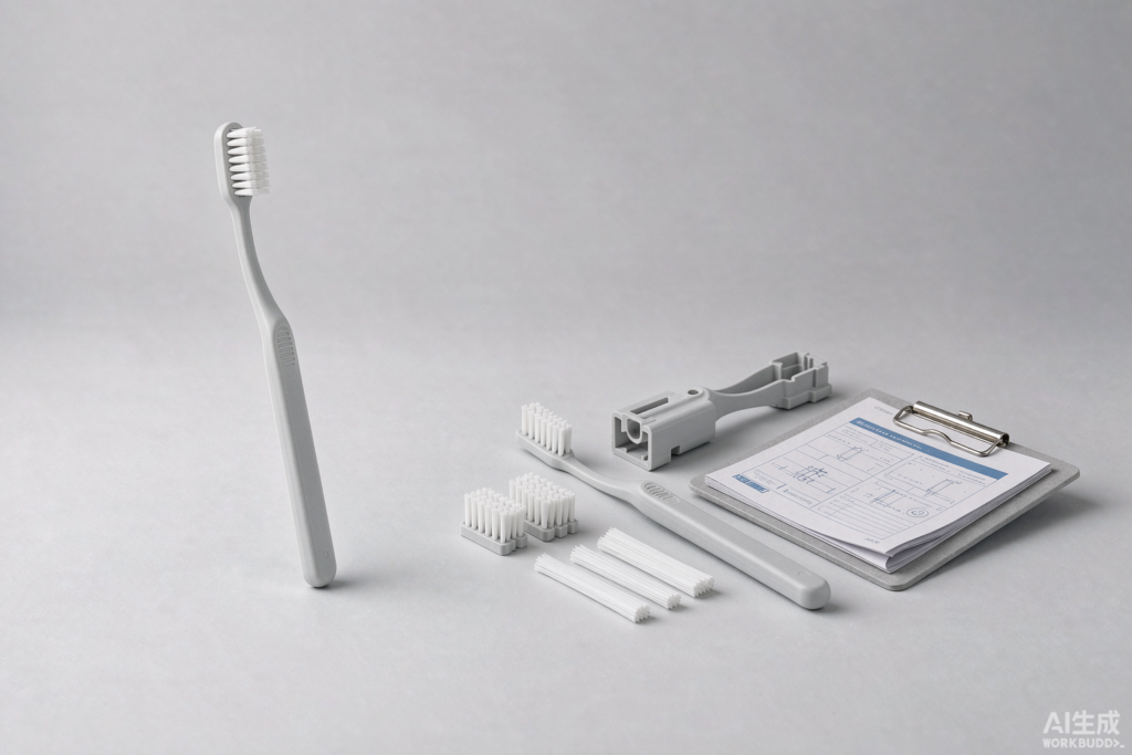 Side-by-side comparison of oral care toothbrush components under clean studio lighting, representing trading company vs factory sourcing decisions