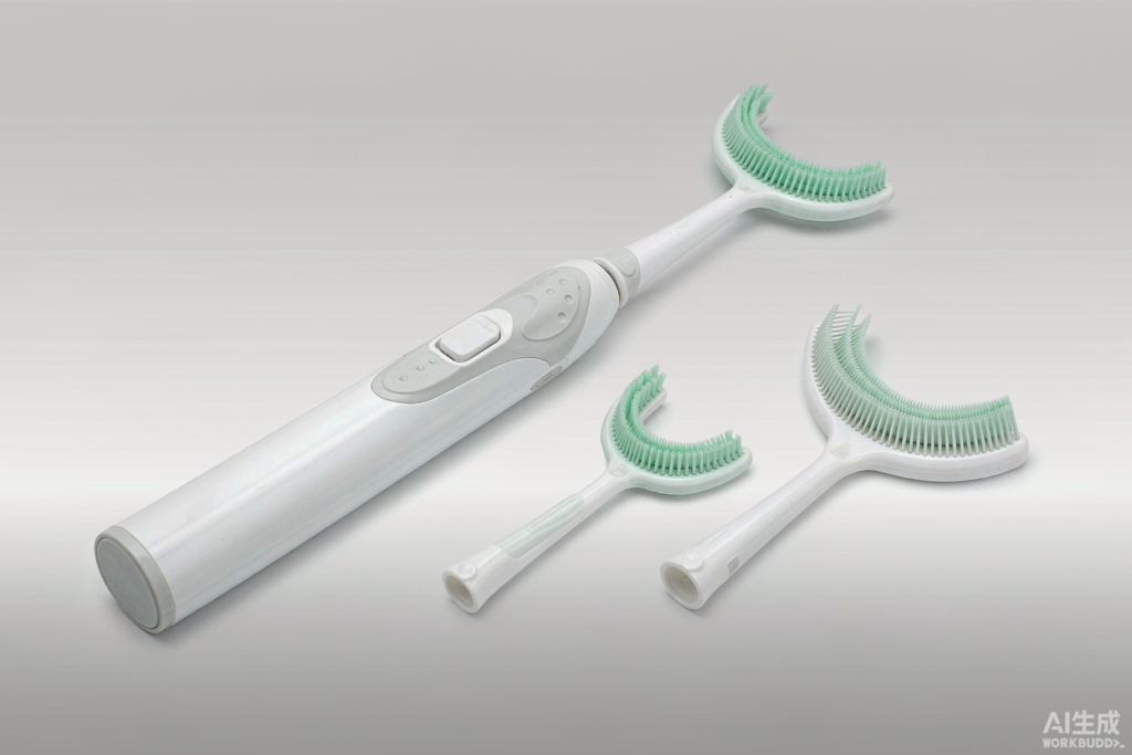 U-shape electric toothbrush with silicone brush heads photographed on a light grey studio background
