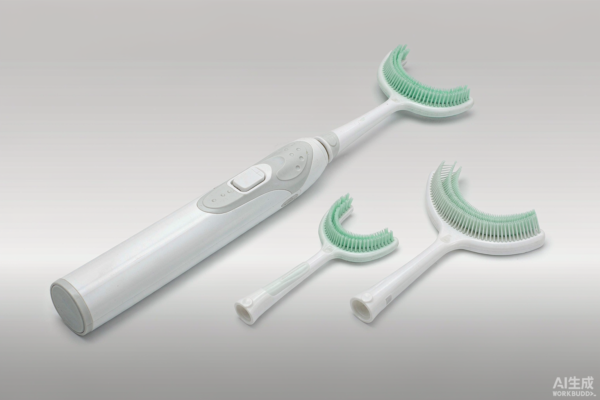 U-shape electric toothbrush with silicone brush heads photographed on a light grey studio background