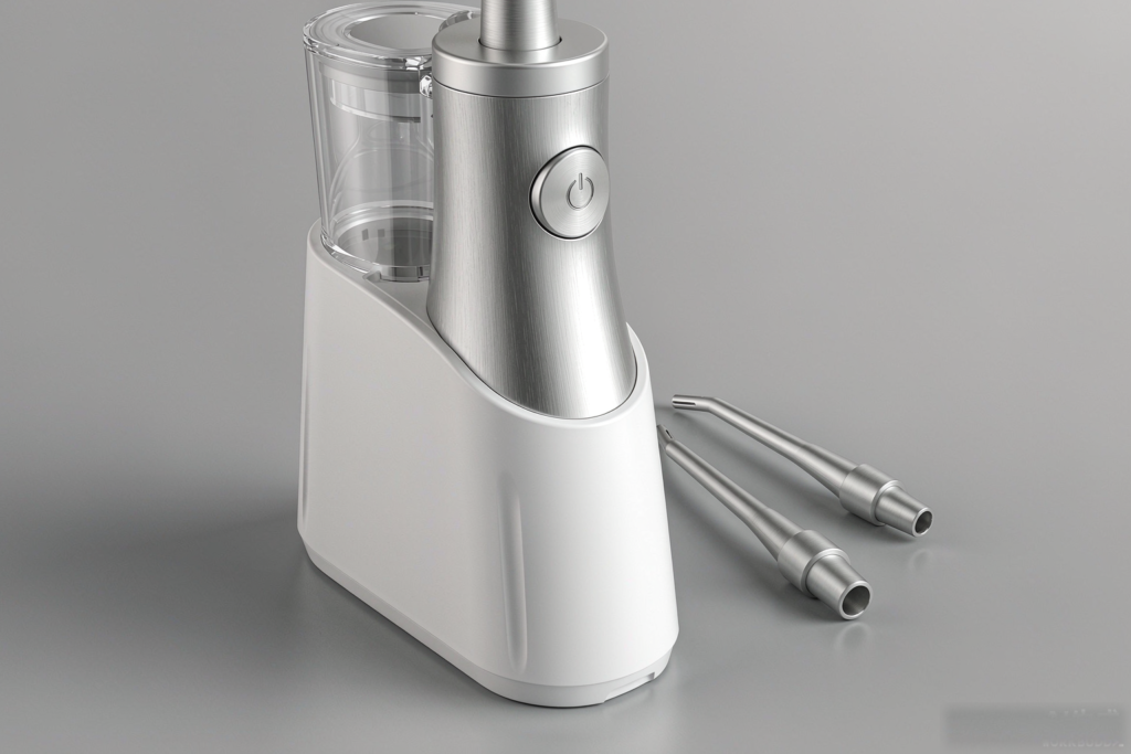 Cordless water flosser with interchangeable nozzle tips photographed in a clean B2B studio setting