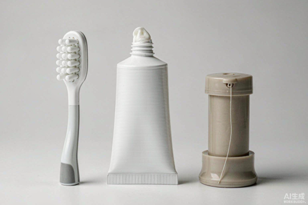 Unbranded oral care products including a toothbrush, toothpaste tube and floss dispenser on a light grey studio background
