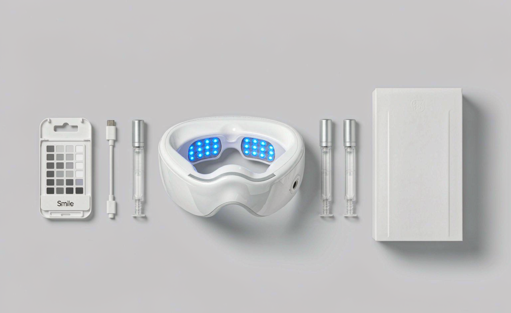 LED teeth whitening kit with accelerator mouth tray, gel syringes, USB charging cable, shade guide and retail carton photographed flat lay in a clean B2B studio on a light grey background