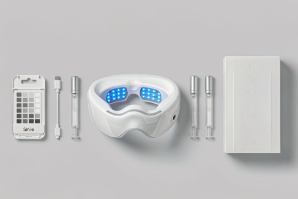LED teeth whitening kit with accelerator mouth tray, gel syringes, USB charging cable, shade guide and retail carton photographed flat lay in a clean B2B studio on a light grey background